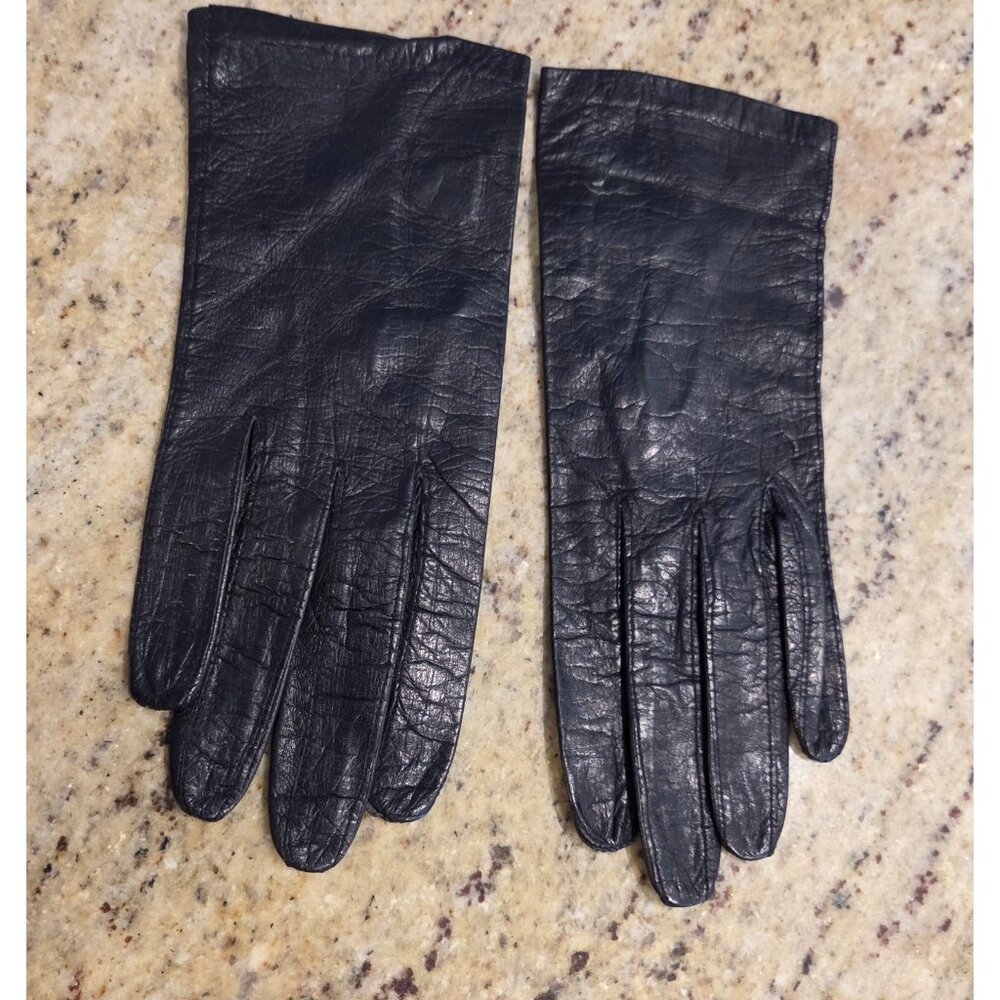Vintage Womens Size S Black Kid Leather Formal Short Gloves 8" Long